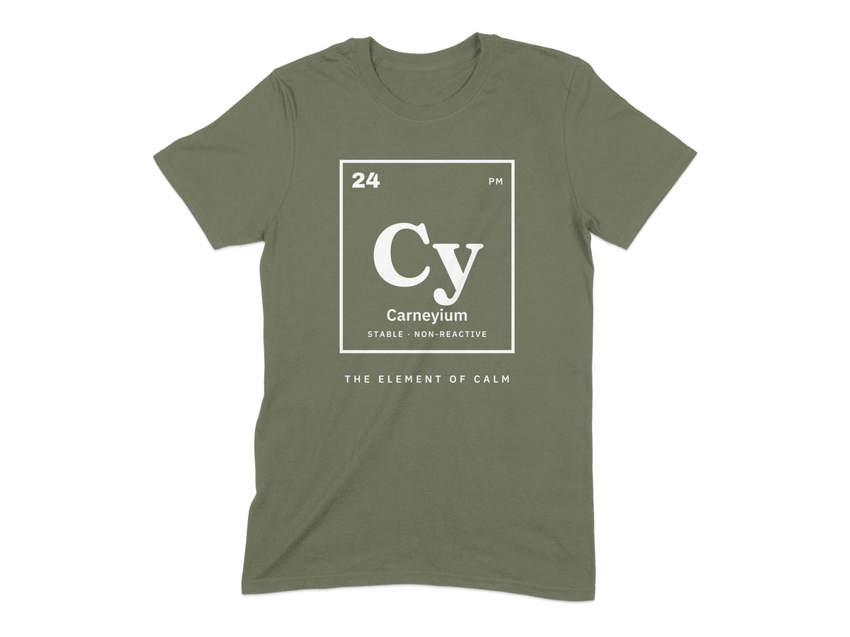 Green t-shirt with a periodic table design for "Carneyium".