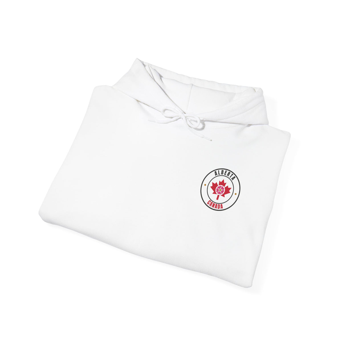 White hoodie with Alberta, Canada emblem featuring a maple leaf.