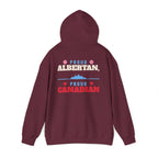 Maroon hoodie with "Proud Albertan, Proud Canadian" text and mountain graphic.