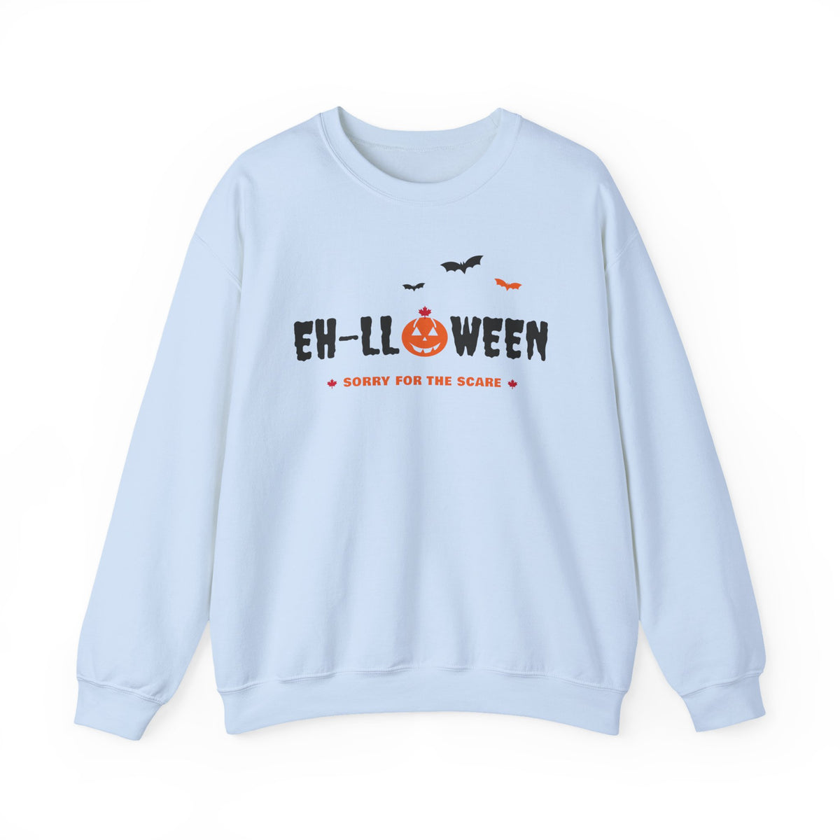 Light blue sweatshirt with "EH-LLOWEEN" graphic and bats.