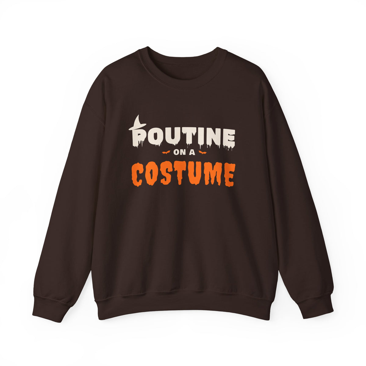 Brown sweatshirt with "Poutine On A Costume" text in white and orange.