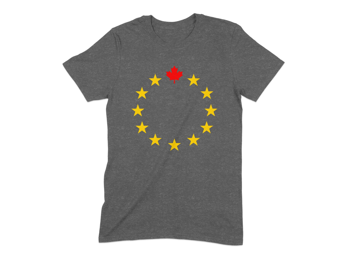 Dark grey t-shirt with a circular arrangement of yellow stars and a red maple leaf.