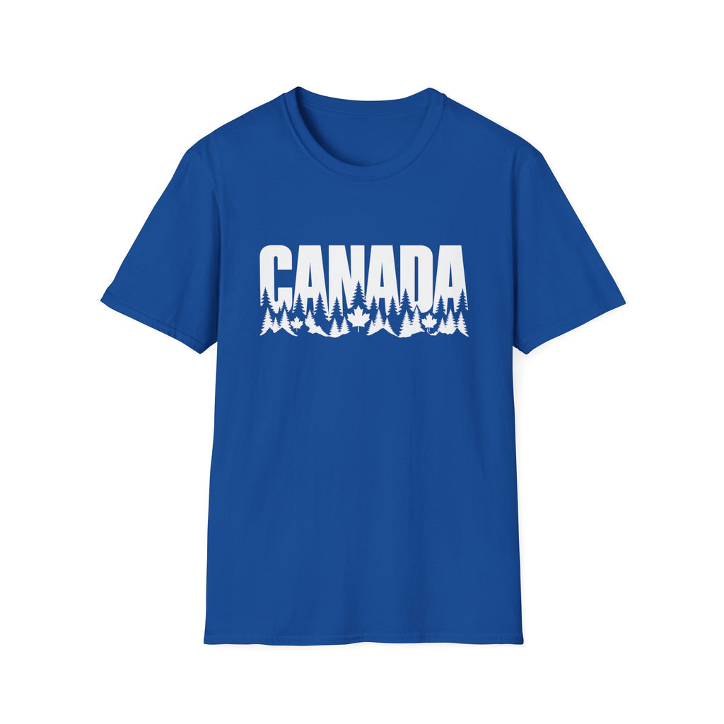 Blue t-shirt with white text "CANADA" over trees and mountains.