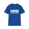 Blue t-shirt with white text "CANADA" over trees and mountains.