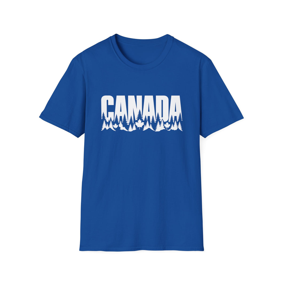 Blue t-shirt with white text "CANADA" over trees and mountains.