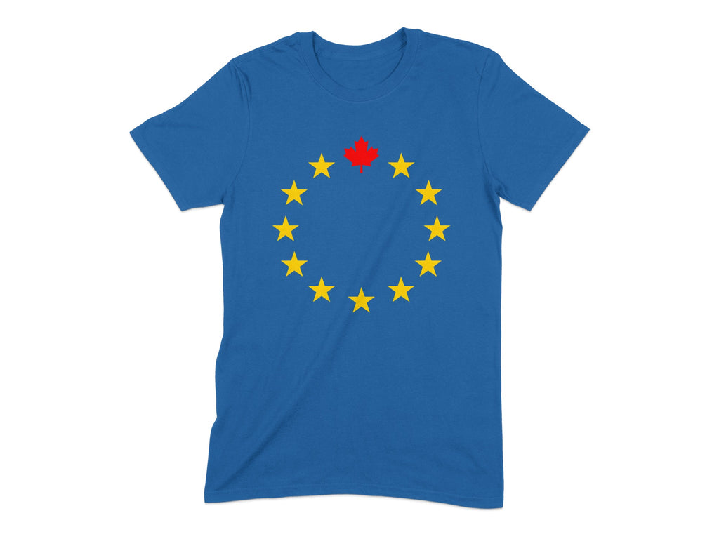 Blue t-shirt with EU flag stars and a red Canadian maple leaf.