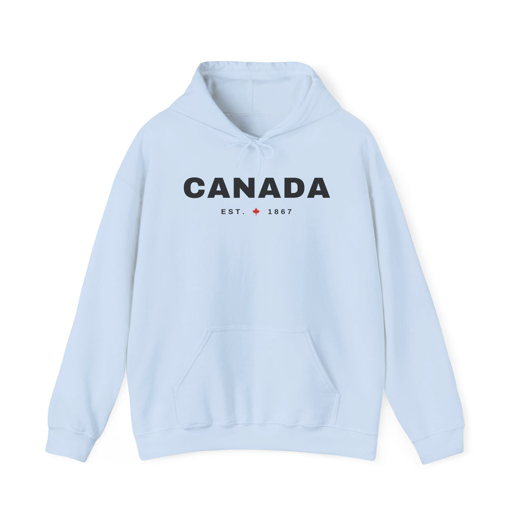 Light blue hoodie with "CANADA EST. 1867" and a maple leaf graphic.