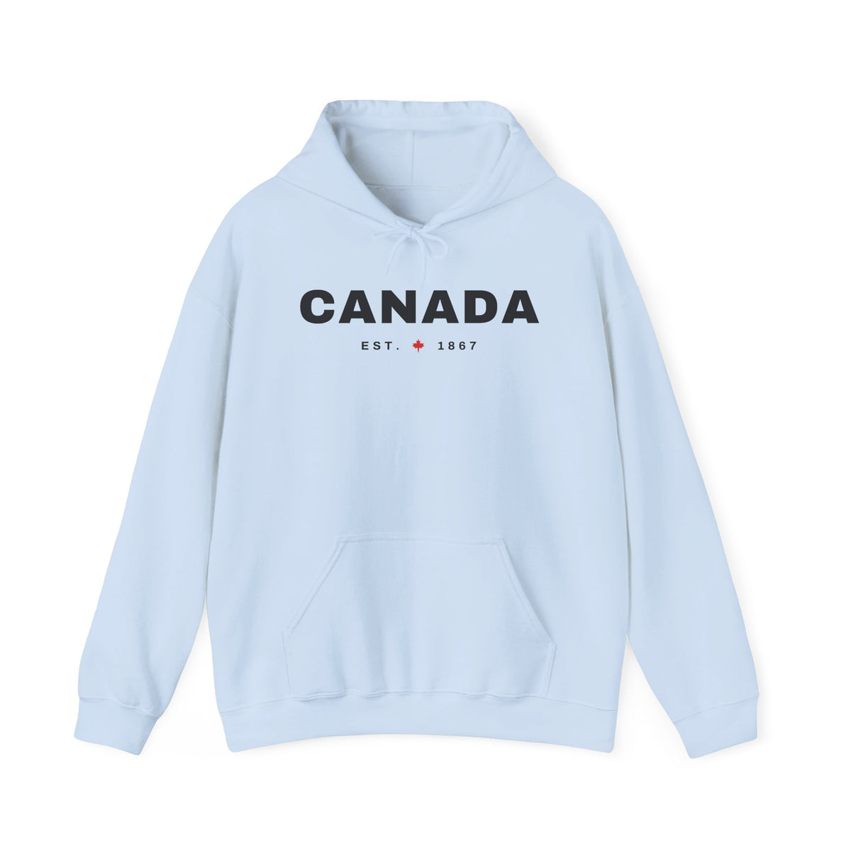 Light blue hoodie with "CANADA EST. 1867" and a maple leaf graphic.
