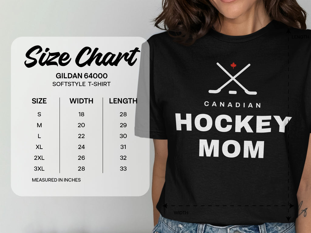 Black t-shirt with "Canadian Hockey Mom" graphic and Gildan Softstyle size chart.