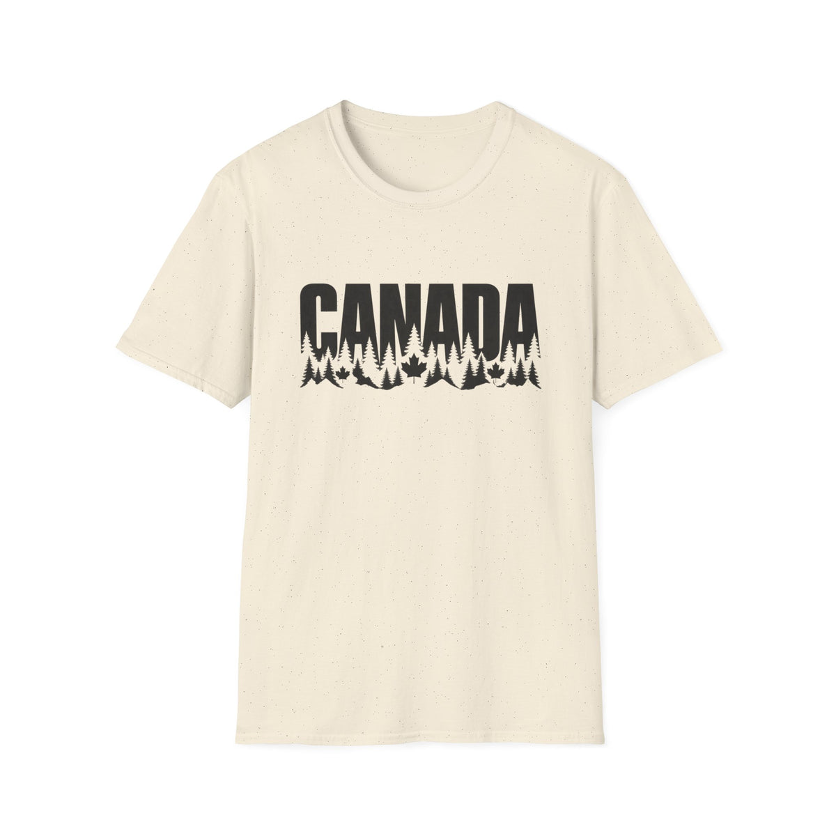 Cream t-shirt with "CANADA" text over a landscape of trees and mountains.