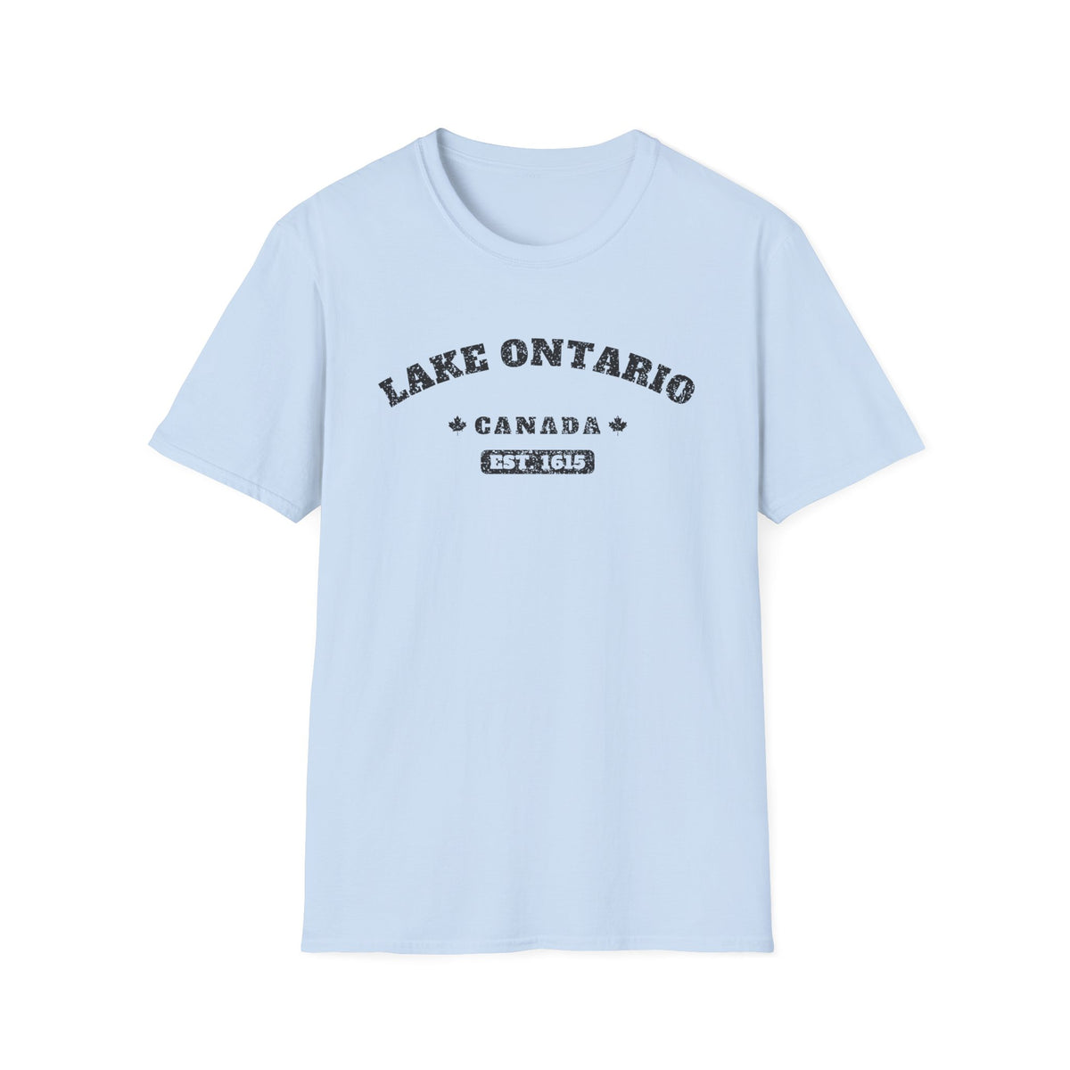 Light blue t-shirt with "Lake Ontario Canada Est. 1615" distressed graphic.