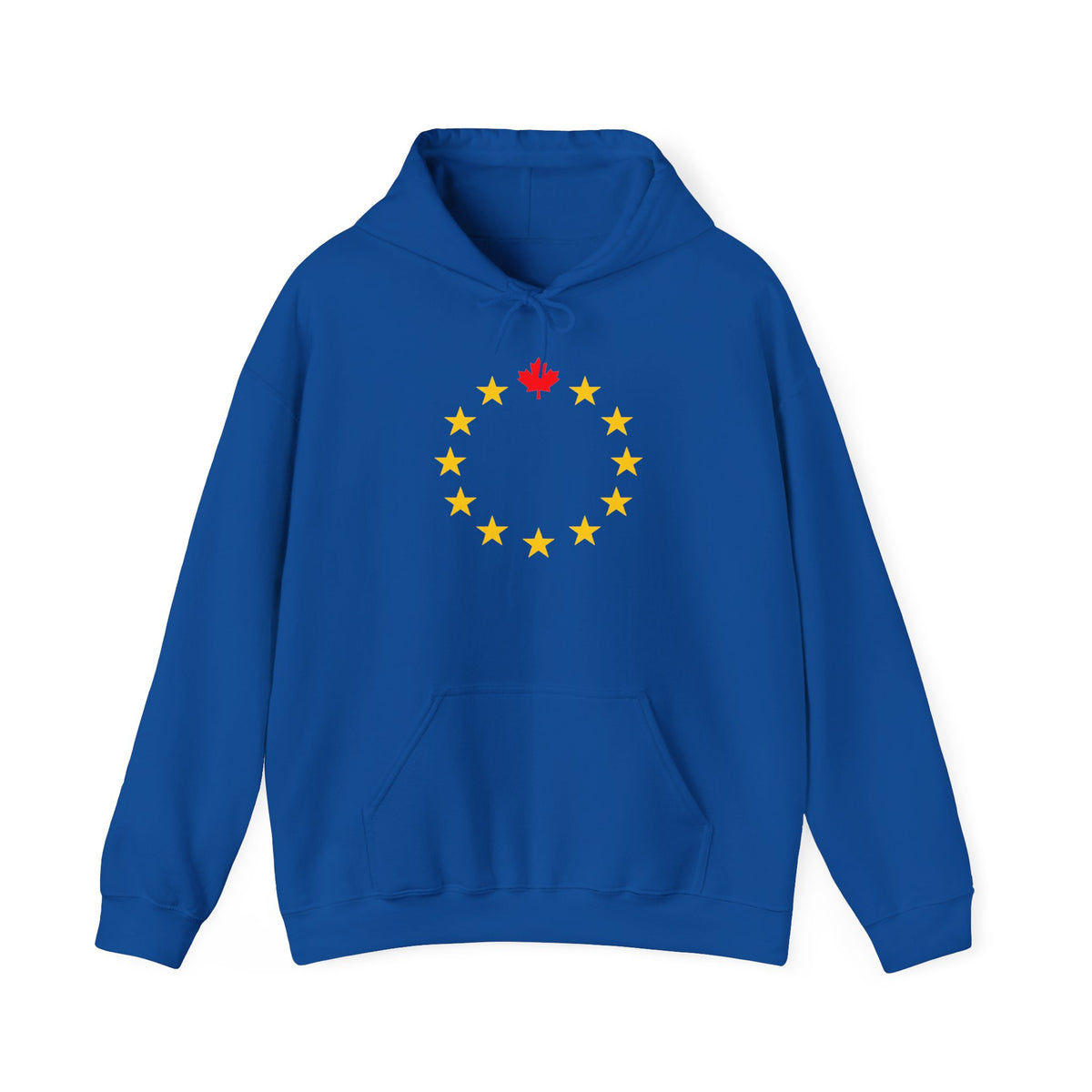 Blue hoodie with a ring of yellow stars and a red maple leaf.
