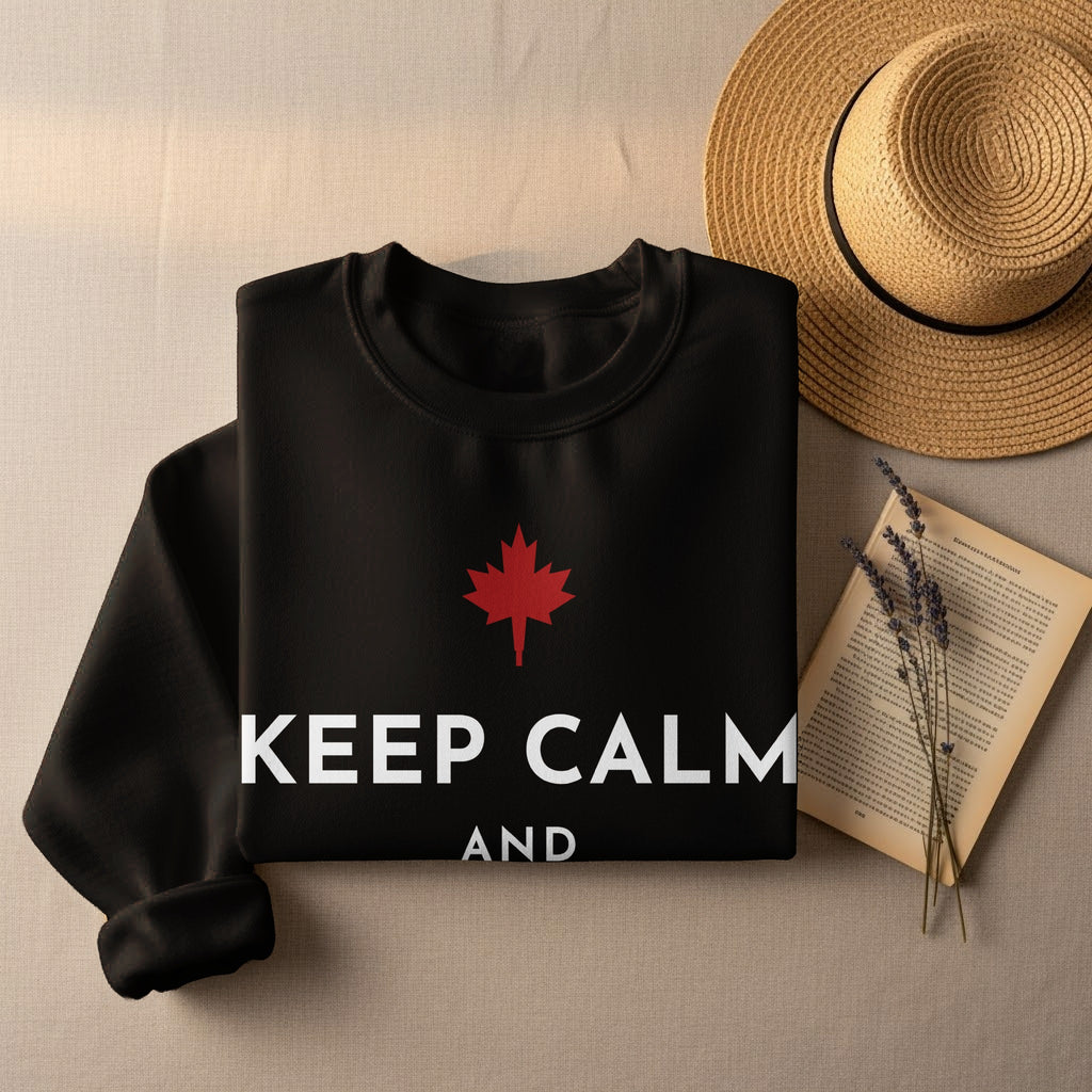 Black sweatshirt with red maple leaf, "KEEP CALM AND" text, straw hat, and dried lavender.