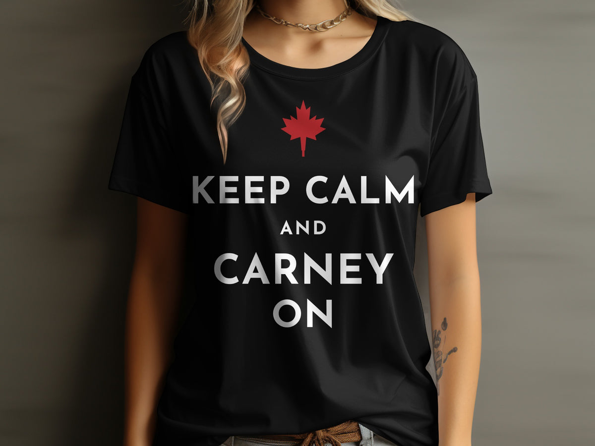 Black t-shirt with red maple leaf and text "KEEP CALM AND CARNEY ON".