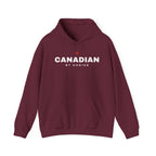 Maroon hoodie with white text "CANADIAN BY CHOICE" and a red maple leaf.