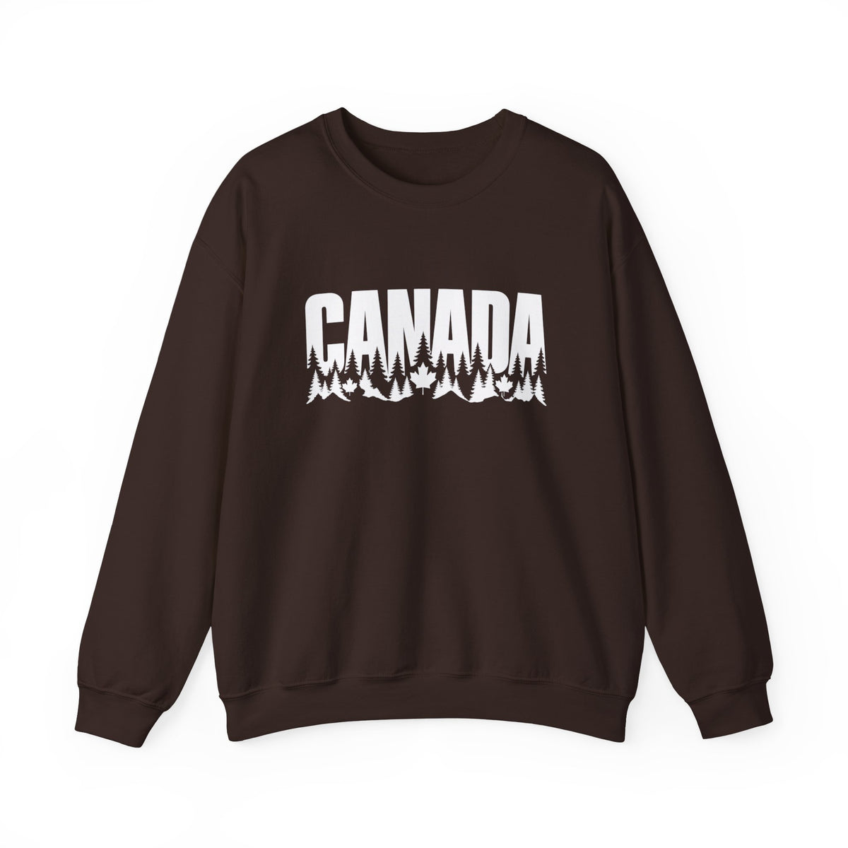 Brown sweatshirt with white "CANADA" text and forest landscape graphic.