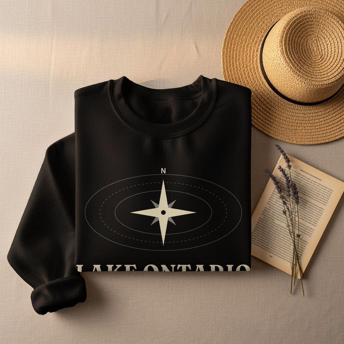 Black sweatshirt with compass graphic and "Lake Ontario" text.