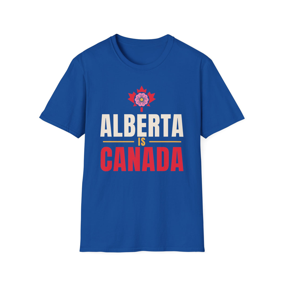 Blue t-shirt with "Alberta is Canada" text and Canadian floral emblem.
