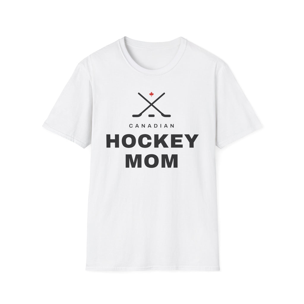 White t-shirt with crossed hockey sticks, a Canadian flag, and the text "Canadian Hockey Mom".