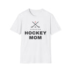 White t-shirt with crossed hockey sticks, a Canadian flag, and the text "Canadian Hockey Mom".