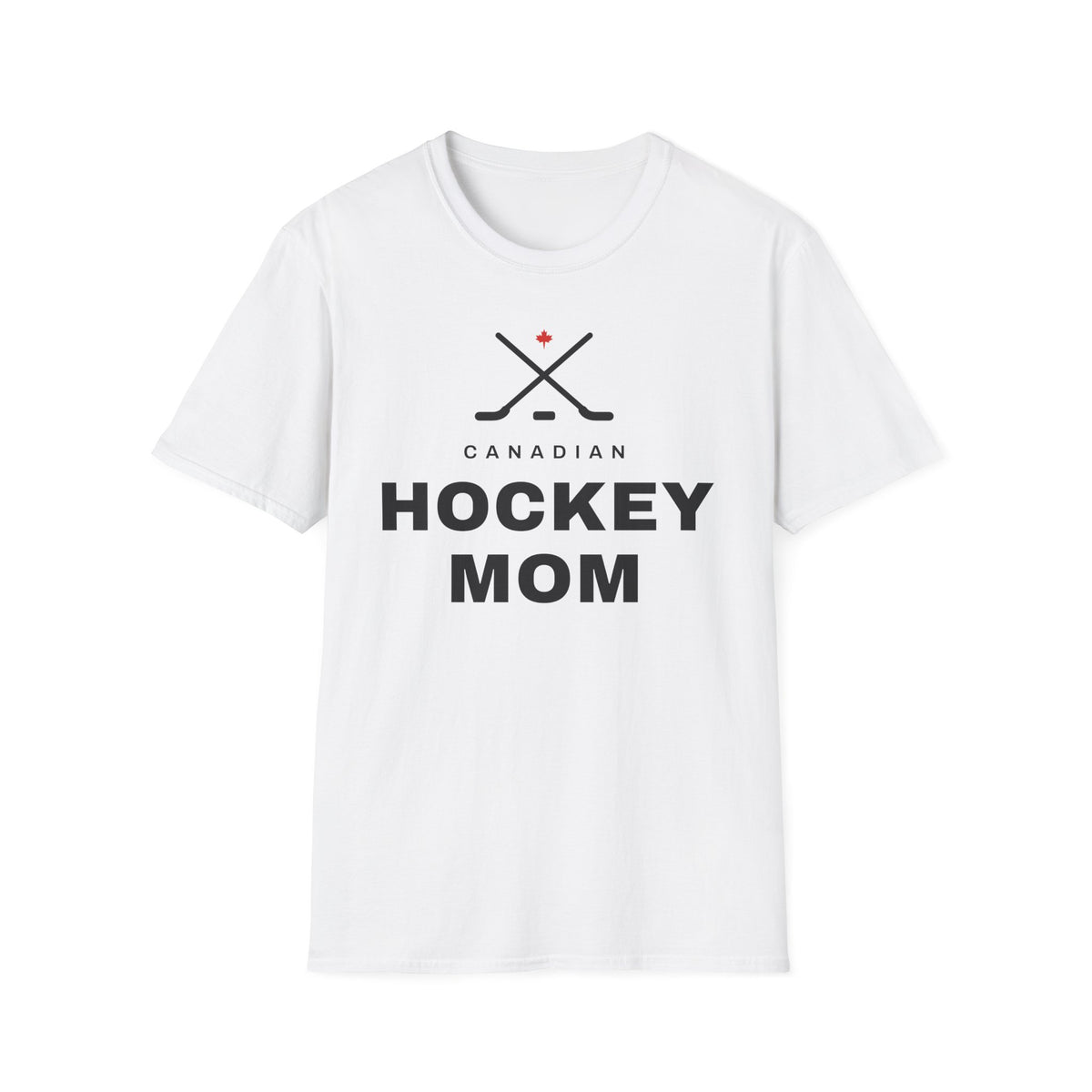White t-shirt with crossed hockey sticks, a Canadian flag, and the text "Canadian Hockey Mom".