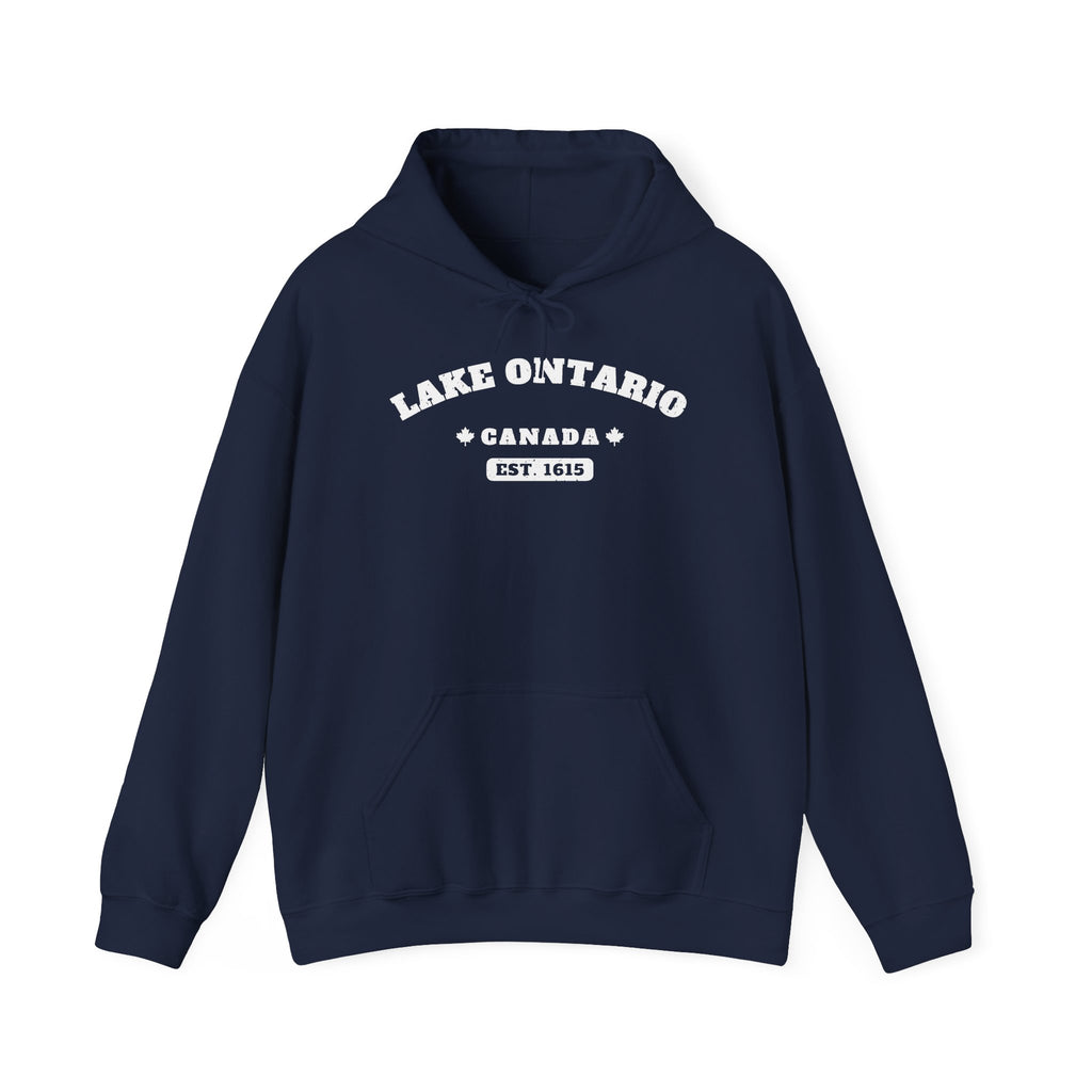Navy blue hoodie with white text "Lake Ontario Canada Est. 1615".