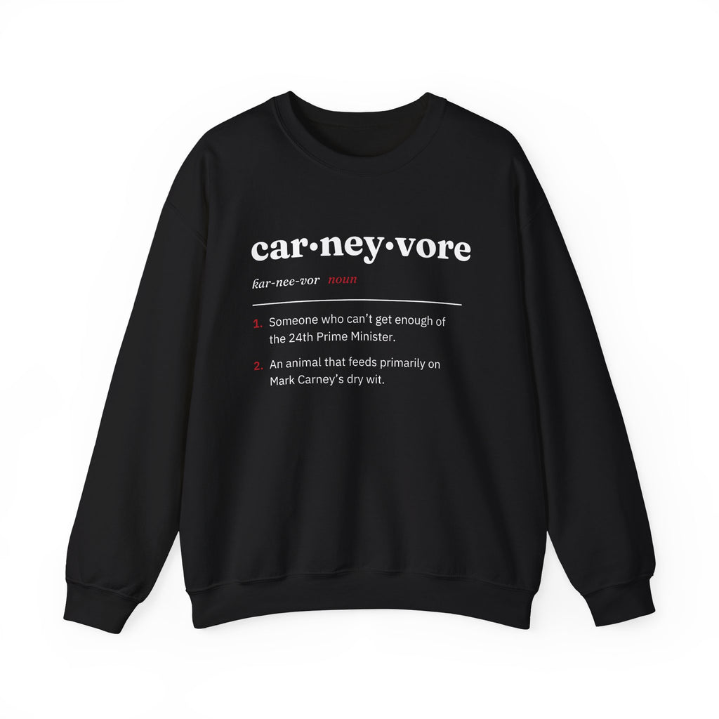 Black sweatshirt with "carneyvore" definition text in white and red.