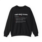 Black sweatshirt with "carneyvore" definition text in white and red.