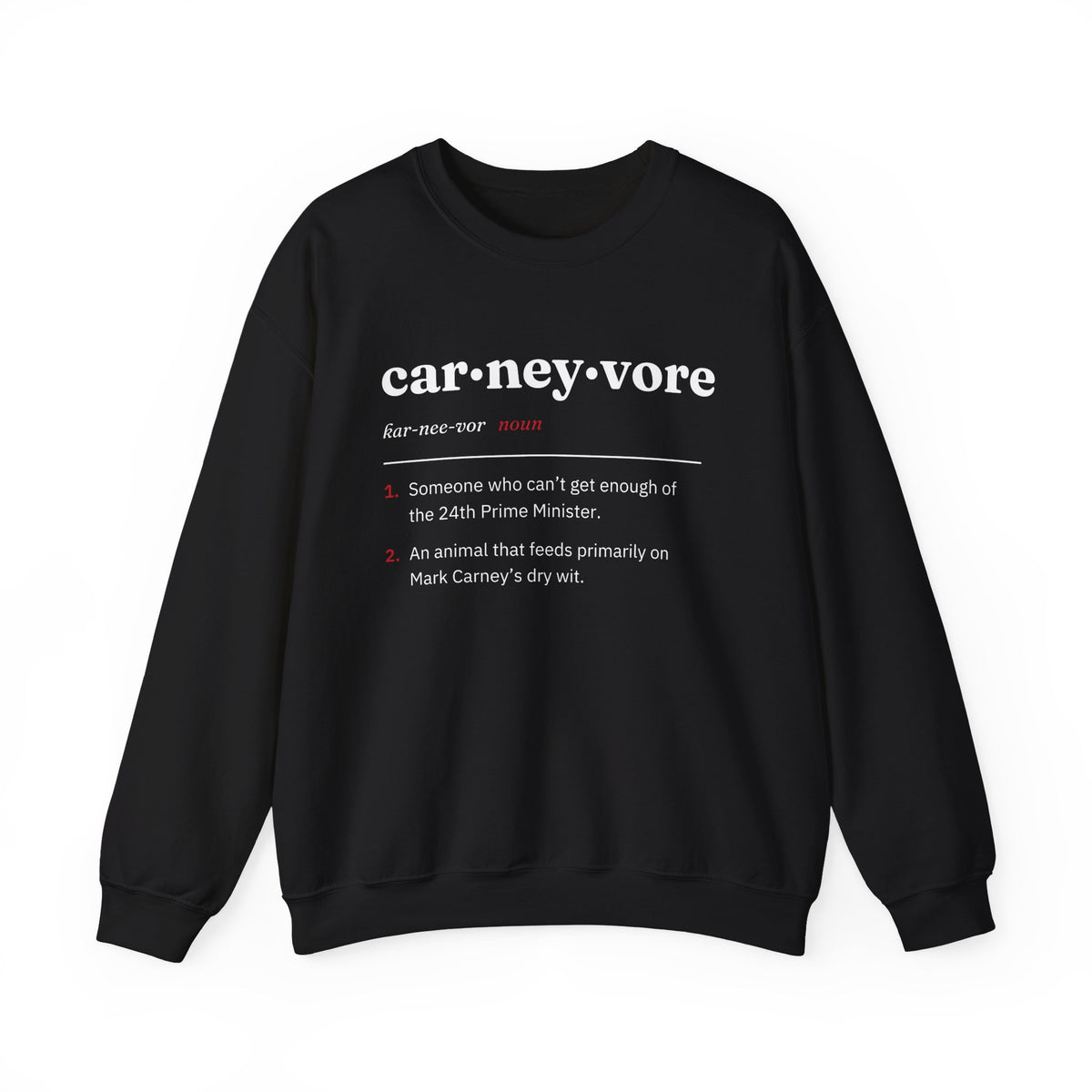 Black sweatshirt with "carneyvore" definition text in white and red.