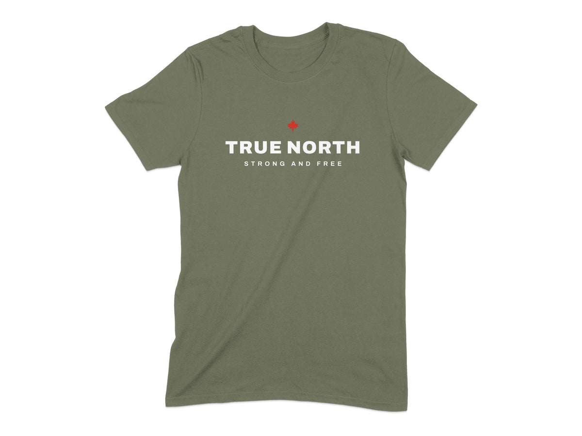 Green t-shirt with white text "TRUE NORTH STRONG AND FREE" and a red maple leaf.