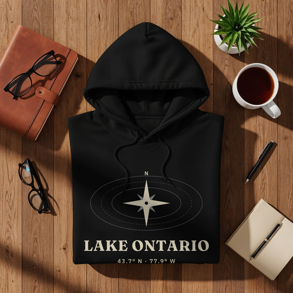Black hoodie with Lake Ontario design, compass graphic, and coordinates.