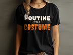 Black t-shirt with "POUTINE ON A COSTUME" text and Halloween graphics.