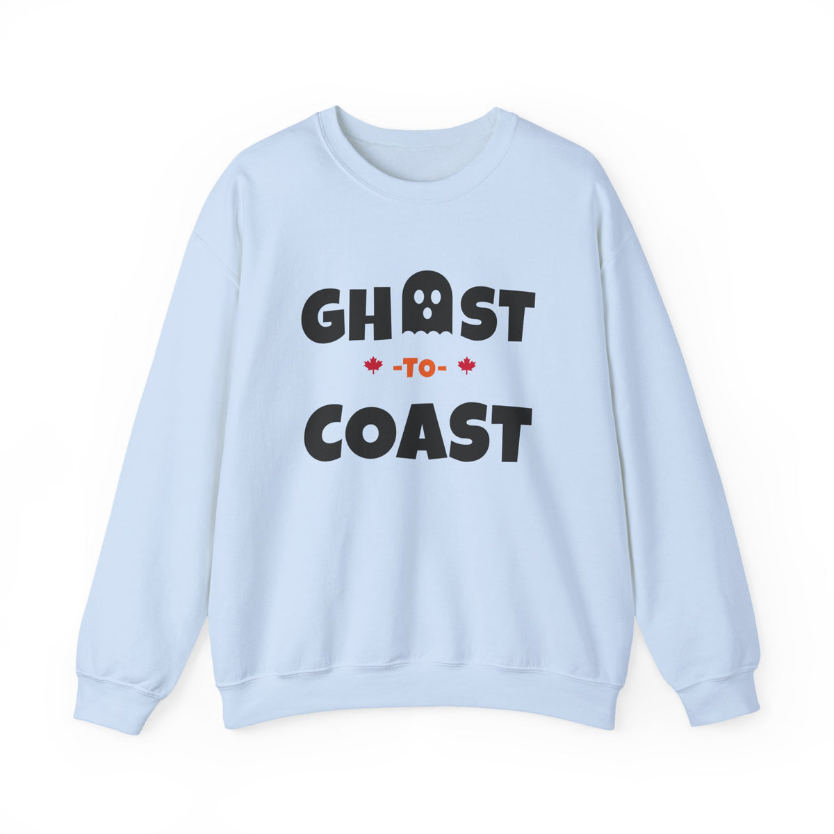 Light blue sweatshirt with black "Ghost-to-Coast" text and a ghost graphic.