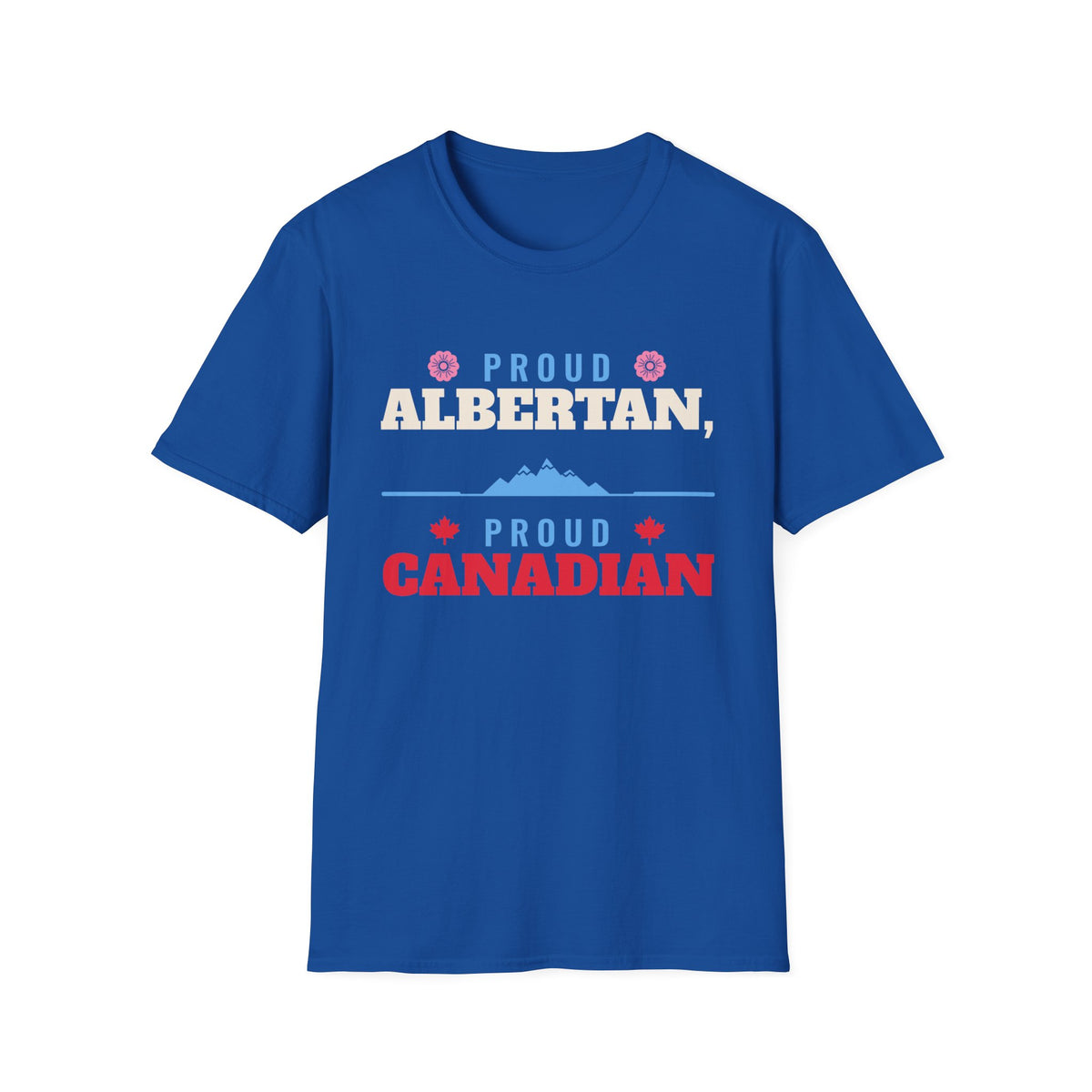 Blue t-shirt with "Proud Albertan, Proud Canadian" text and mountain graphic.