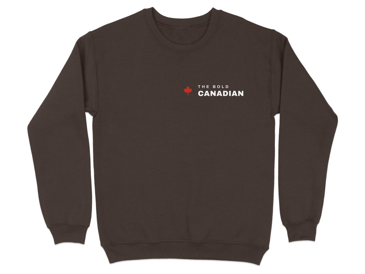 Brown sweatshirt with "The Bold Canadian" and a red maple leaf logo.