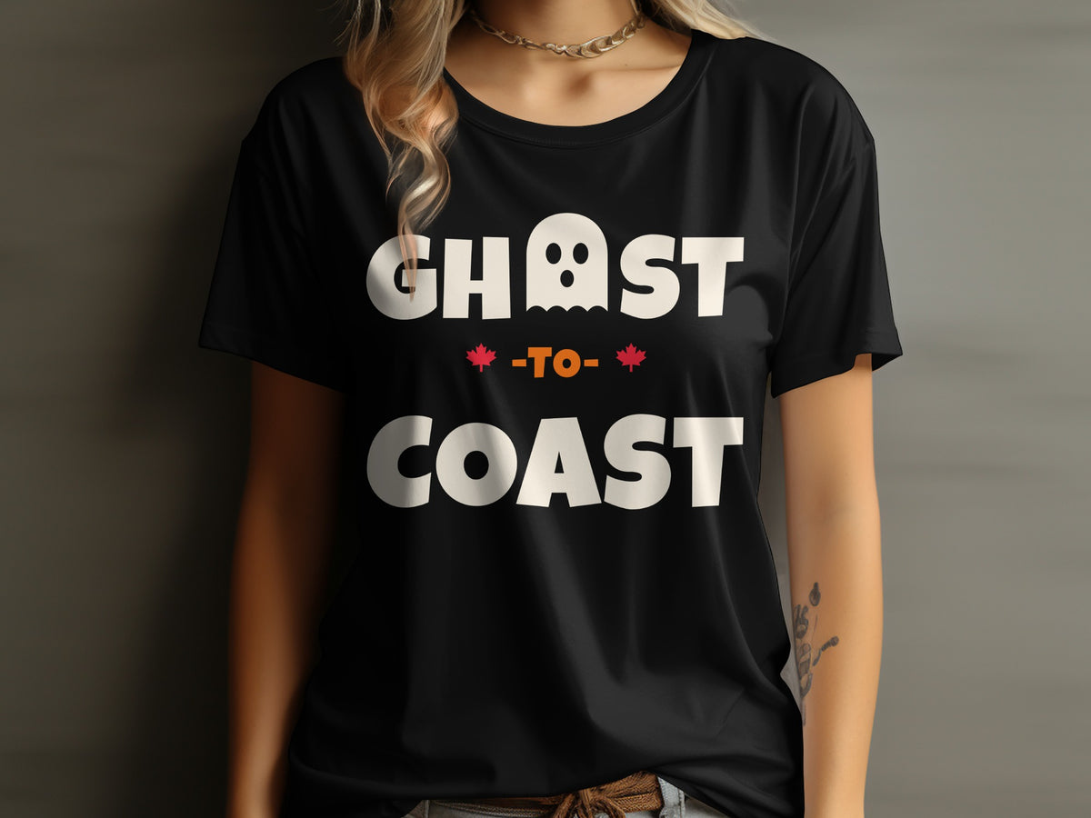 Black t-shirt with white text "GHOST-TO-COAST" and small maple leaves.