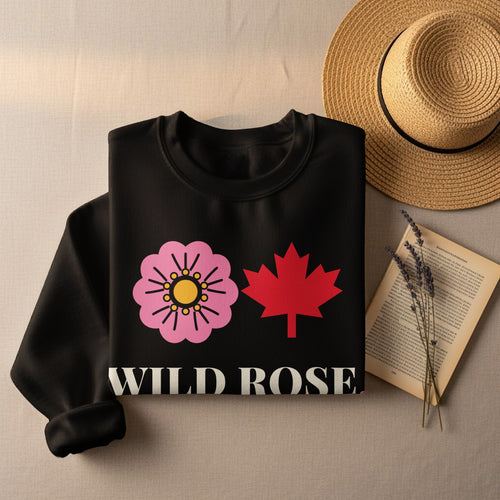 Black sweatshirt with pink flower, red maple leaf, and "WILD ROSE" text.