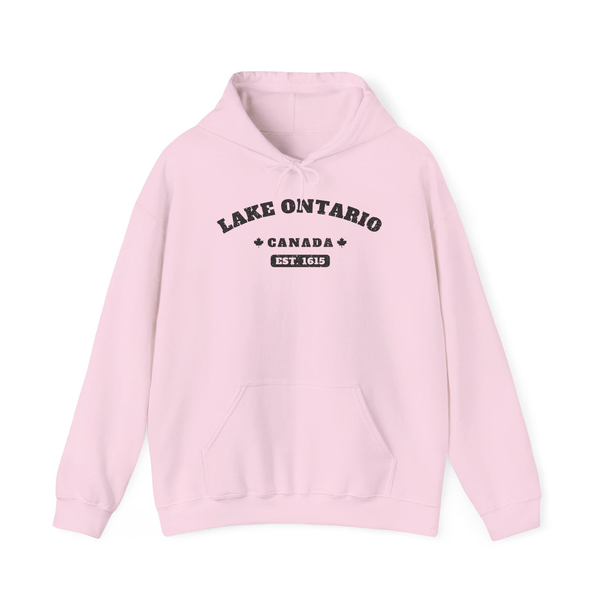 Light pink hoodie with black "Lake Ontario Canada Est. 1615" graphic.