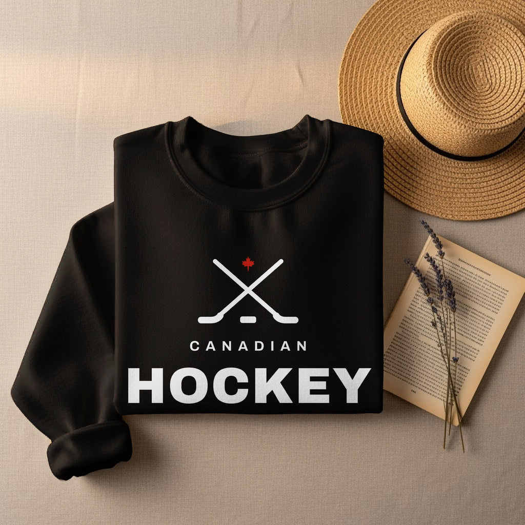 Black sweatshirt with "Canadian Hockey" and hockey stick graphic.