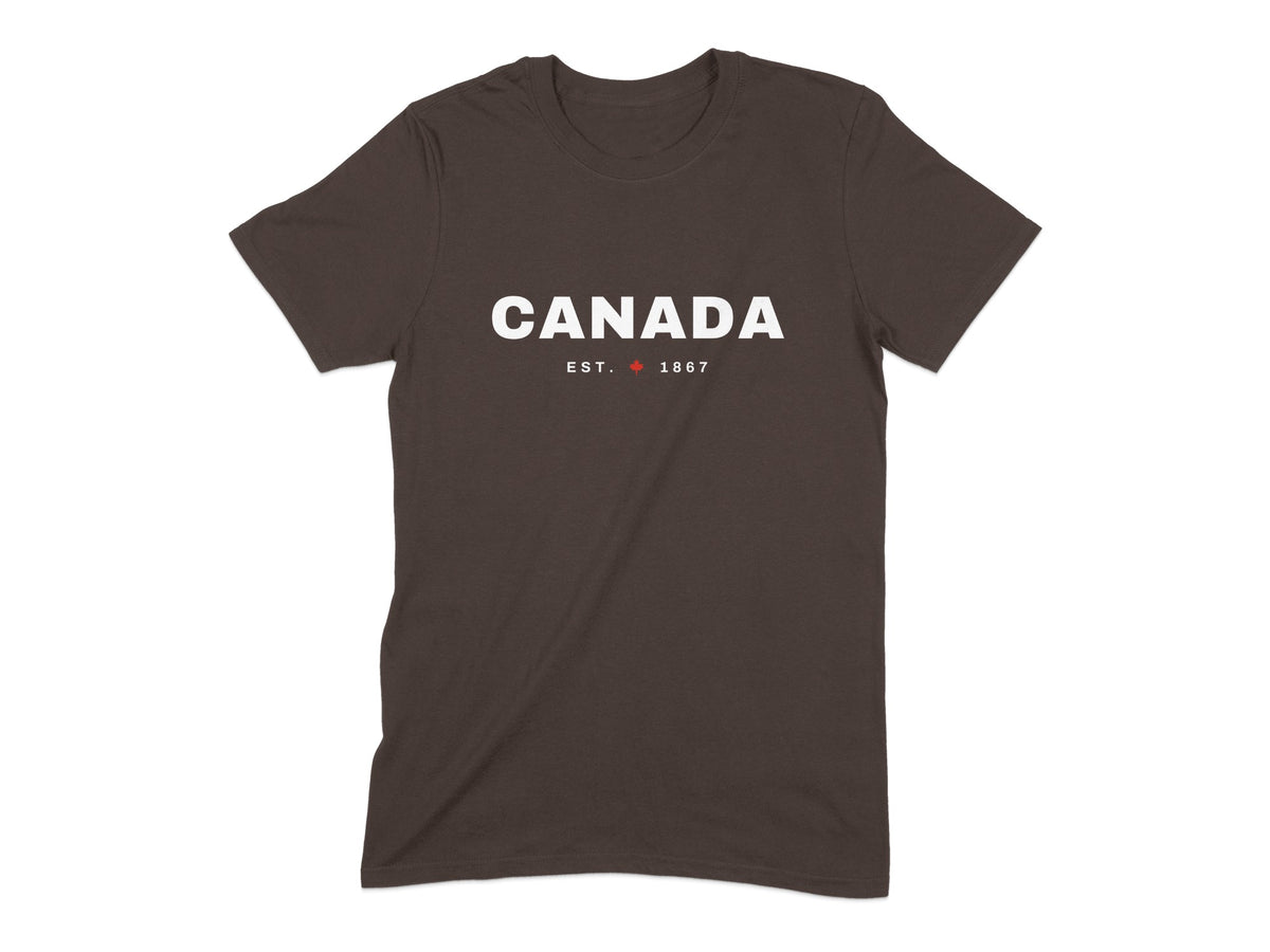 Brown t-shirt with "CANADA EST. 1867" and a maple leaf.