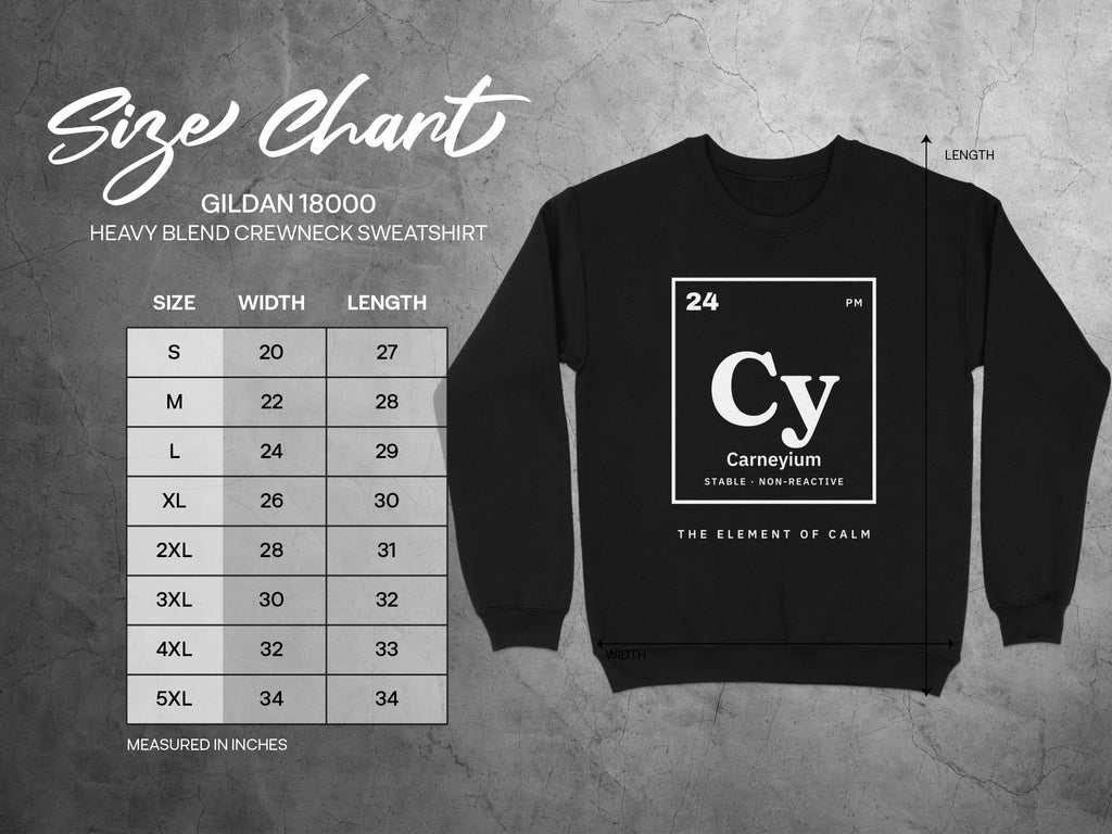 Gildan 18000 size chart for crewneck sweatshirts with width and length measurements.
