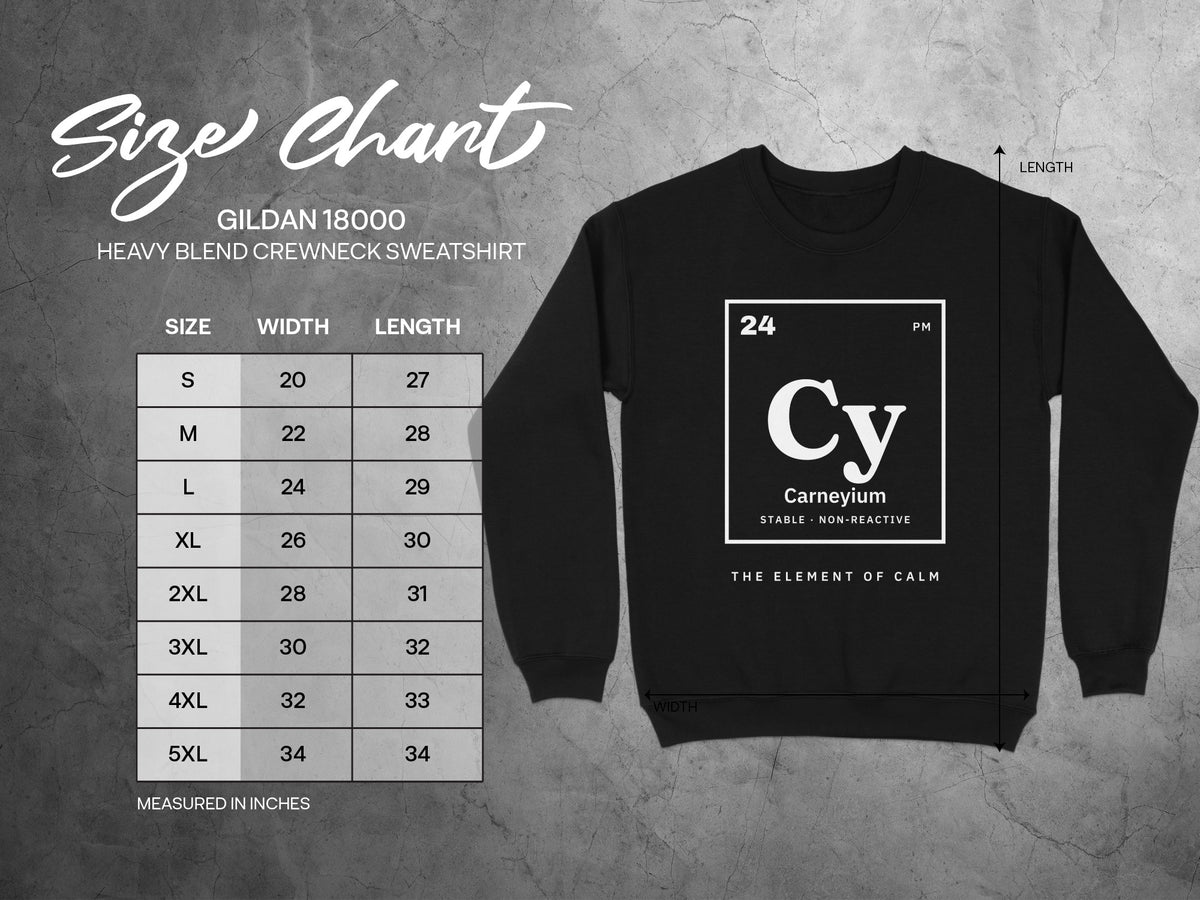 Gildan 18000 size chart for crewneck sweatshirts with width and length measurements.