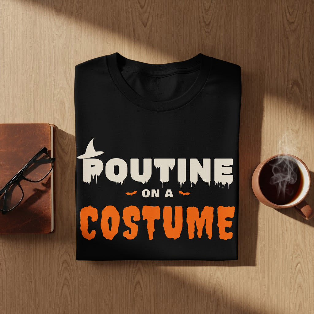 Black t-shirt with white and orange text that reads "POUTINE ON A COSTUME".