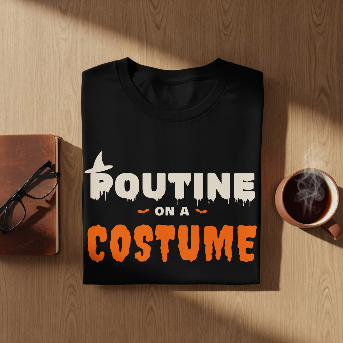 Black t-shirt with white and orange text that reads "POUTINE ON A COSTUME".