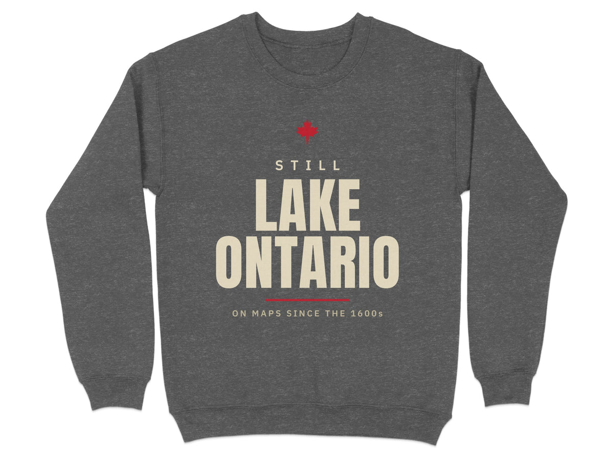 Dark grey sweatshirt with text "STILL LAKE ONTARIO ON MAPS SINCE THE 1600s" and red maple leaf.