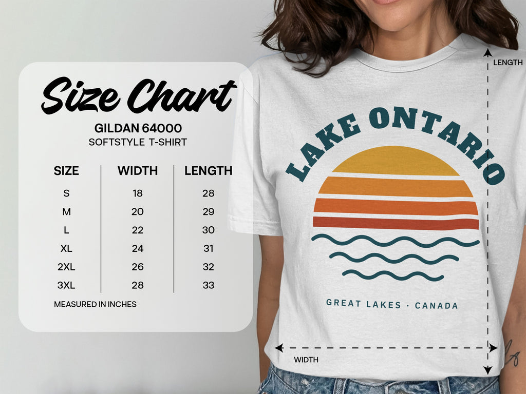 Gildan 64000 softstyle t-shirt size chart with width and length measurements.
