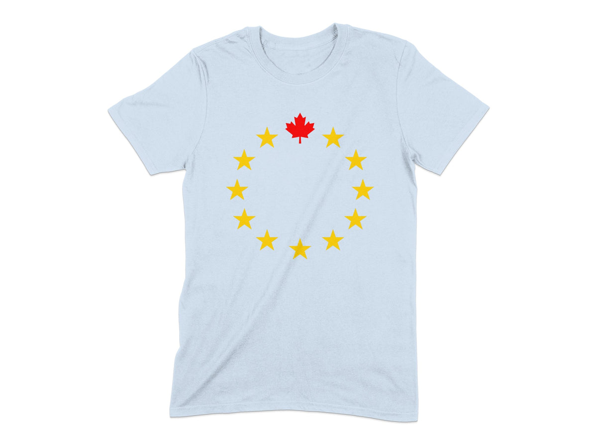 Light blue t-shirt with a red maple leaf surrounded by yellow stars in a circle.