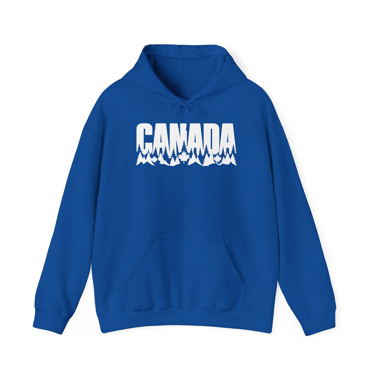 Royal blue hoodie with white "CANADA" text and mountain tree graphic.