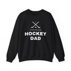 Black sweatshirt with "Canadian Hockey Dad" text and crossed hockey sticks graphic.