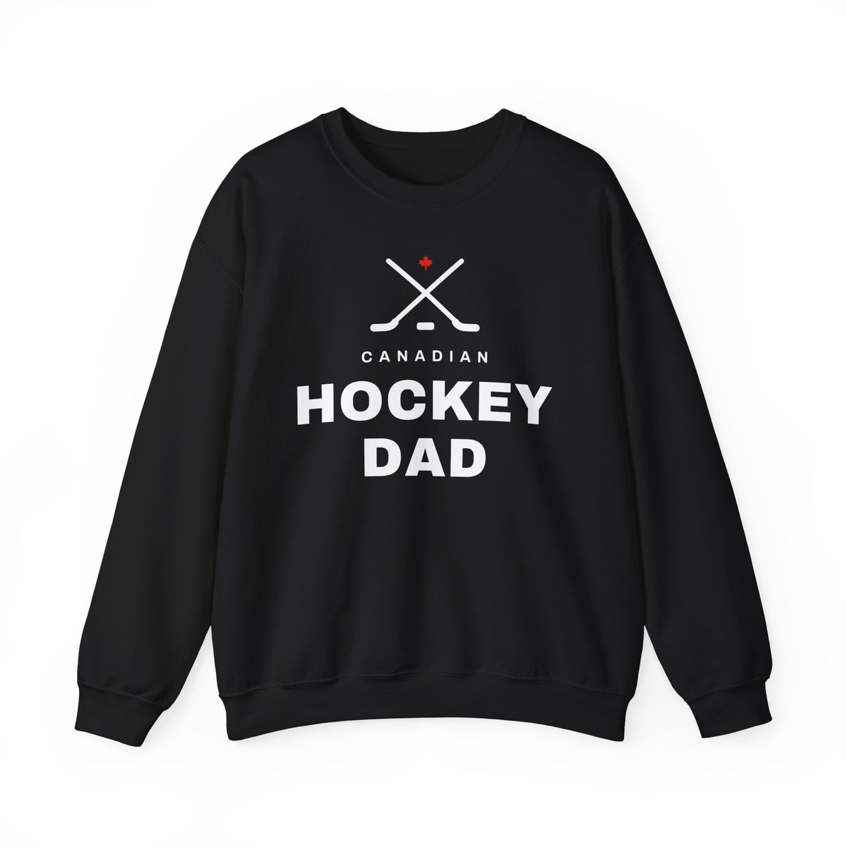 Black sweatshirt with "Canadian Hockey Dad" text and crossed hockey sticks graphic.